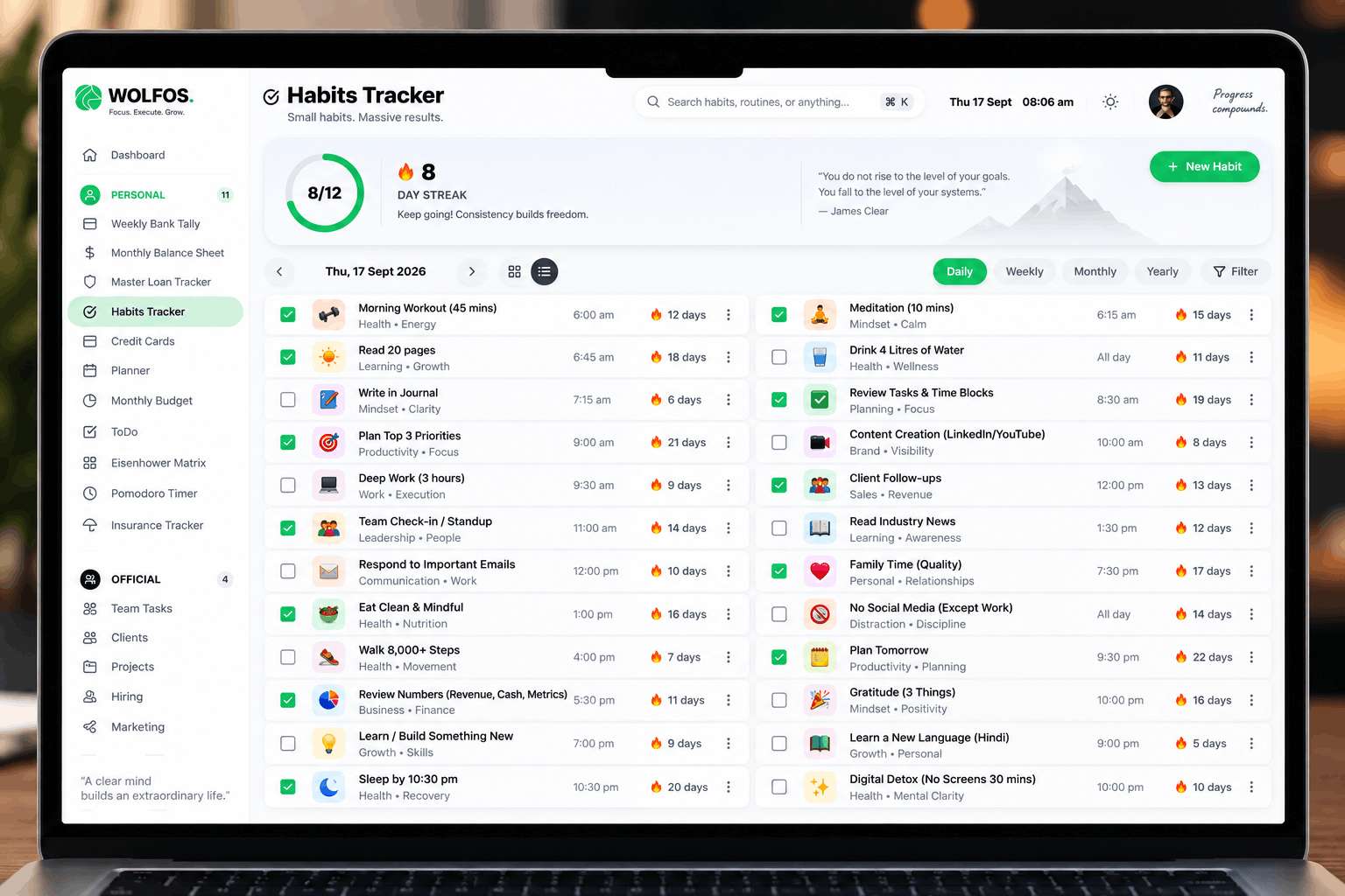 WolfOS Habits Tracker showing daily habit streaks and completion